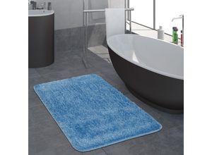 4061981037801 - Moderner Hochflor Badezimmer Teppich Einfarbig Badematte Rutschfest In Blau 50x80 cm - Paco Home