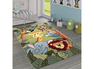 4061981043932 - Kinderteppich Kinderzimmer Dschungel Tiere Giraffe Löwe Affe Nilpferd Grün 150 cm Quadrat - Paco Home