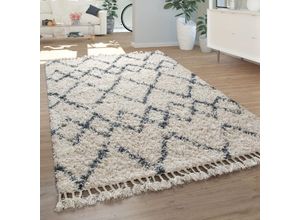 4061981047985 - Shaggy Teppich Wohnzimmer Hochflor Modern Karomuster Rauten In Creme Blau 120x170 cm - Paco Home