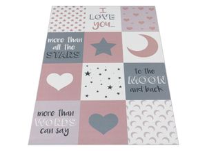 4061981048470 - Kinderteppich Kinderzimmer Mädchen Herzen Sterne Mond Spruch Rosa Grau 120x160 cm - Paco Home