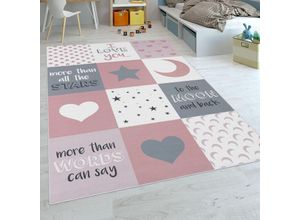 4061981048524 - Kinderteppich Kinderzimmer Mädchen Herzen Sterne Mond Spruch Rosa Grau 80x150 cm - Paco Home