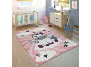 4061981051838 - Kinderteppich Kinderzimmer Mädchen Modern Einhorn Auf Wolken In Rosa Lila 80x150 cm - Paco Home