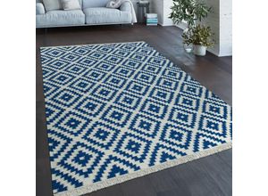 4061981056093 - Teppich Modern Marokkanische Muster Handgewebt Skandi Rauten Fransen Blau Weiß 240x340 cm - Paco Home