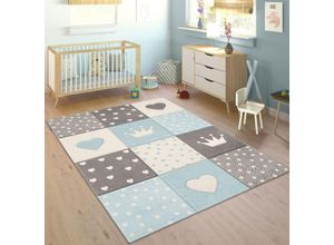 4061981056826 - Kinderteppich Teppich Kinderzimmer 3D Konturenschnitt Kariert Punkte Herzen Sterne Pastell Blau 200x290 cm - Paco Home