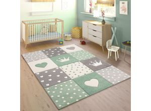 4061981056987 - Kinderteppich Teppich Kinderzimmer Pastell 3D Effekt Punkte Herzen Sterne Grün Grau 80x150 cm - Paco Home