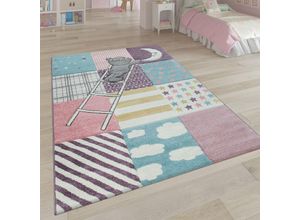 4061981068010 - Kinderteppich Kinderzimmer Rosa Bunt Weich 3-D Patchwork Muster Bär Mond Sterne 80x150 cm - Paco Home