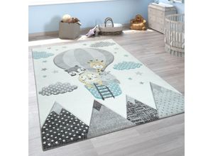 4061981069963 - Kinderzimmer Teppich Blau Grau Heißluftballon Wolken Tiere 3-D Design Pastell 80x150 cm - Paco Home