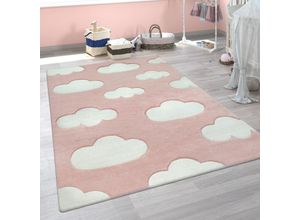 4061981070235 - Kinder Teppich Weiß Rosa Kinderzimmer Pastellfarben Wolken Design Kurzflor 3-D 200x290 cm - Paco Home