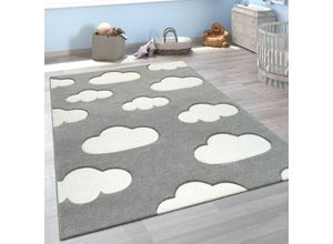 4061981070266 - Kinderzimmer Teppich Grau Weiß Pastellfarben Wolken Motiv Kurzflor 3-D Design 120x170 cm - Paco Home