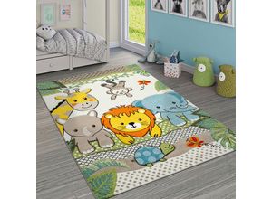 4061981070655 - Kinderzimmer Teppich Bunt Grün Fröhliche Tiere Zoo Dschungel Muster 3-D Design 80x150 cm - Paco Home