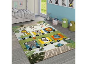 4061981070761 - Kinderteppich Bunt Grün Zoo Tiere Lokomotive Zug Dschungel 3-D Effekt Kurzflor 160x230 cm - Paco Home