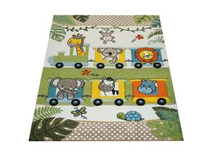 4061981070778 - Kinderteppich Bunt Grün Zoo Tiere Lokomotive Zug Dschungel 3-D Effekt Kurzflor 133 cm Quadrat - Paco Home