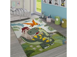 4061981070792 - Kinderzimmer Teppich Grün Dinosaurier Dschungel Vulkan 3-D Effekt Kurzflor 80x150 cm - Paco Home