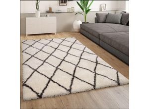 4061981074349 - Teppich Wohnzimmer Creme Weiß Weich Groß Shaggy Flokati Rauten Muster Hochflor 60x90 cm - Paco Home