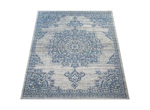 4061981074615 - Paco Home - Outdoor Teppich Blau Beige Orient Design Blumen Muster Balkon Wohnzimmer 80x150 cm