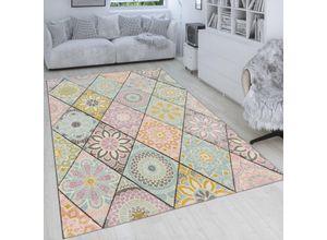 4061981075414 - Retro Teppich Bunt Wohnzimmer Rauten Muster Boho Stil Blumen Design 3-D Kurzflor 120x170 cm - Paco Home