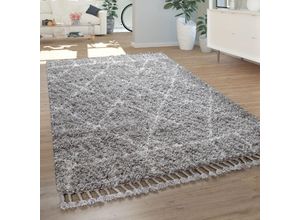 4061981077432 - Hochflor Teppich Grau Wohnzimmer Orientalisches Muster Berber Stil Weich Shaggy 80x150 cm - Paco Home