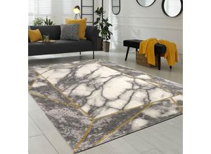 4061981081293 - Teppich Wohnzimmer Kurzflor Marmor Design Bordüre Geometrisch Grau Gold 80x300 cm - Paco Home