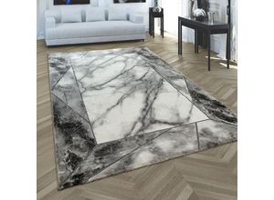 4061981081347 - Paco Home Teppich Wohnzimmer Kurzflor Marmor Optik Mit Bordüre Modern Geometrisch Silber 80x150 cm