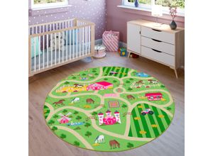 4061981081590 - Kinderteppich Bino 560 Teppiche Gr Ø 200 cm 4 mm 1 St grün Kinder Kinderzimmerteppiche Kurzflor Straßen-Spiel-Teppich Motiv Bauernhof Kinderzimmer