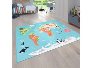 4061981081989 - Kinder-Teppich Für Kinderzimmer Spiel-Teppich Weltkarte Mit Tieren In Türkis 100x200 cm - Paco Home