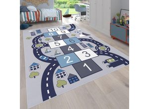 4061981082108 - Kinder-Teppich Für Kinderzimmer Spiel-Teppich Mit Hüpfkästchen und Straßen Grau 120x160 cm - Paco Home