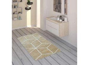 4061981085307 - Badematte Mit Rauten-Muster Kurzflor-Teppich Für Badezimmer In Beige Weiß 50x80 cm - Paco Home