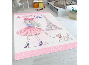 4061981090929 - Kinderteppich Kinderzimmer Teppich Mädchen Pastell Modern Eiffelturm Hund Rosa Blau 180x280 cm - Paco Home