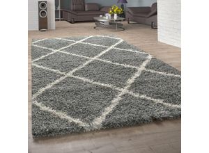 4061981092459 - Hochflor Teppich Wohnzimmer Shaggy Skandi Modernes Rauten Muster Grau Creme 80x150 cm - Paco Home