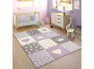 4061981093494 - Kinderteppich Kinderzimmer Kariert Punkte Herzen Sterne In Pastell Lila Grau 133 cm Quadrat - Paco Home