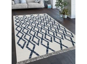 4061981120350 - Teppich Wohnzimmer Boho Stil Fransen Handgewebt Woll-Baumwoll Gemisch Blau 60x110 cm - Paco Home