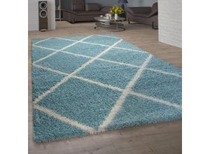 4061981128264 - Teppich Wohnzimmer Hochflor Shaggy Skandi Design Mit Rauten Muster Modern In Türkis 80x150 cm - Paco Home