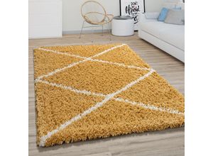 4061981129803 - Hochflor Teppich Wohnzimmer Shaggy Skandinavisches Rauten Muster Modern In Gelb ø 120 cm Rund - Paco Home