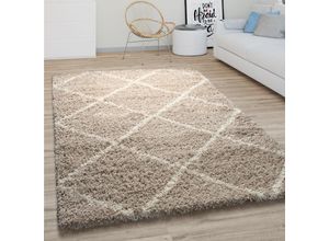 4061981132599 - Paco Home Hochflor Teppich Wohnzimmer Shaggy Skandinavisches Rauten Muster Modern In Beige Ø 200 cm Rund