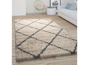 4061981132759 - Hochflor Teppich Wohnzimmer Shaggy Skandinavisches Rauten Muster Beige Grau ø 200 cm Rund - Paco Home