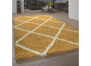 4061981133008 - Teppich Wohnzimmer Hochflor Shaggy Skandi Design Mit Rauten Muster Modern In Gelb 200 cm Quadrat - Paco Home