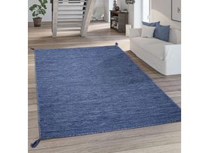 4061981141393 - Teppich Wohnzimmer Modern Einfarbig Mit Fransen Baumwolle Webteppich In Blau 160x220 cm - Paco Home