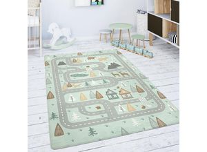 4061981154362 - Kinderteppich Teppich Kinderzimmer Spielmatte Straße Bär Elch Bäume Grün Grau 155x230 cm - Paco Home