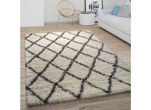 4061981155512 - Hochflor Teppich Wohnzimmer Shaggy Langflor Modernes Boho Skandi Rauten Muster 60x100 cm Creme 4 - Paco Home