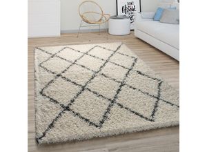 4061981155611 - Hochflor Teppich Wohnzimmer Shaggy Langflor Modernes Boho Skandi Rauten Muster 60x100 cm Creme 2 - Paco Home