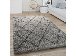 4061981155789 - Hochflor Teppich Wohnzimmer Shaggy Langflor Modernes Boho Skandi Rauten Muster Grau 120 cm Rund - Paco Home