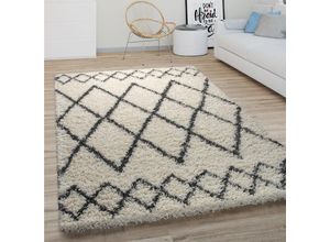 4061981155819 - Hochflor Teppich Wohnzimmer Shaggy Langflor Modernes Boho Skandi Rauten Muster 60x100 cm Creme 3 - Paco Home