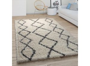 4061981155918 - Hochflor Teppich Wohnzimmer Shaggy Langflor Modernes Boho Skandi Rauten Muster 60x100 cm Creme - Paco Home