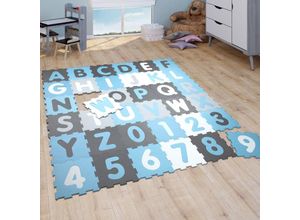 4061981158896 - Paco Home Puzzlematte Spielmatte Schaumstoffmatte Baby Kinder Matte Junge Zahlen Buchstaben Pastell Blau 36 Puzzleteile 32x32 cm x 36 Stück