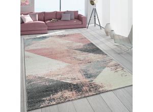 4061981161605 - Teppich Wohnzimmer Grau Weiß Rosa Pastell Dreieck Muster Vintage Design Kurzflor 140x200 cm - Paco Home
