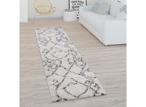 4061981173561 - Hochflor Teppich Wohnzimmer Shaggy Langflor Modernes Boho Skandi Rauten Muster 80x300 cm Creme Anthrazit - Paco Home