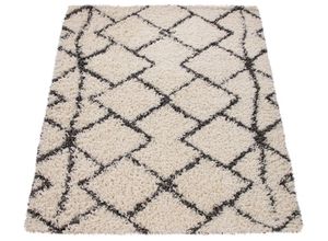 4061981173936 - Hochflor Teppich Wohnzimmer Shaggy Langflor Modernes Boho Skandi Rauten Muster 200x280 cm Creme Anthrazit 2 - Paco Home