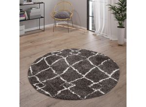 4061981174537 - Hochflor Teppich Wohnzimmer Shaggy Skandinavisch Fransen Flauschig Modern Anthrazit 200 cm Rund - Paco Home