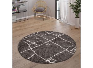 4061981174711 - Hochflor Teppich Wohnzimmer Shaggy Skandinavisch Fransen Flauschig Modern 120 cm Rund Anthrazit 2 - Paco Home