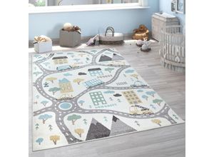 4061981174872 - Kinderteppich Teppich Kinderzimmer Spielteppich Pastell Autos Creme Petrol Grau 120x160 cm - Paco Home